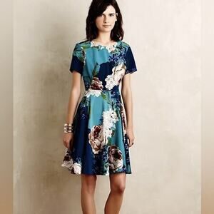 Anthropologie Corey Lynn Calter Dress 6 Green Blue Floral Short Sleeve Preppy